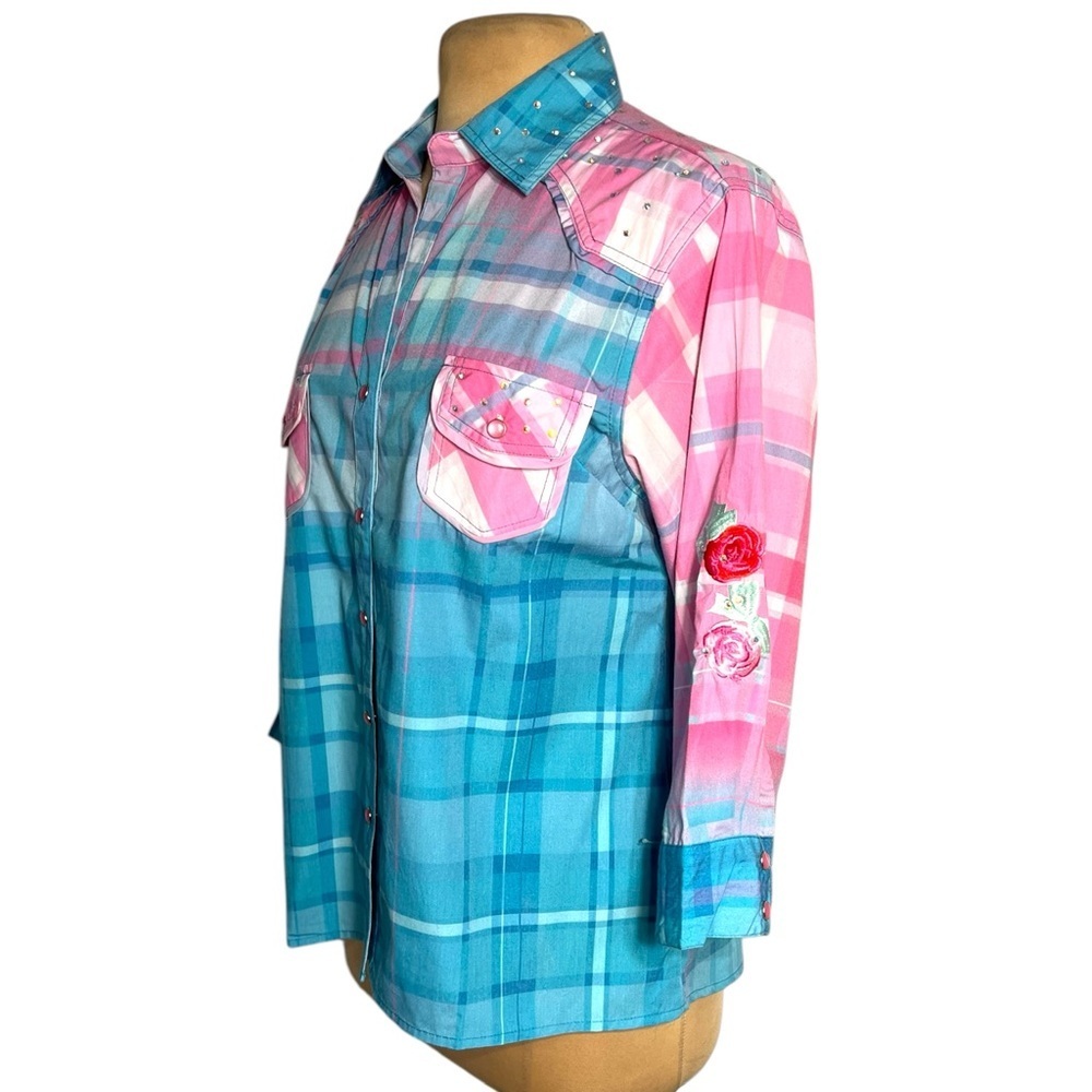 Fat Rat Family Pink Blue Plaid Rhinestone Angel Graphic Snap Button Shirt M/L - Picture 4 of 12